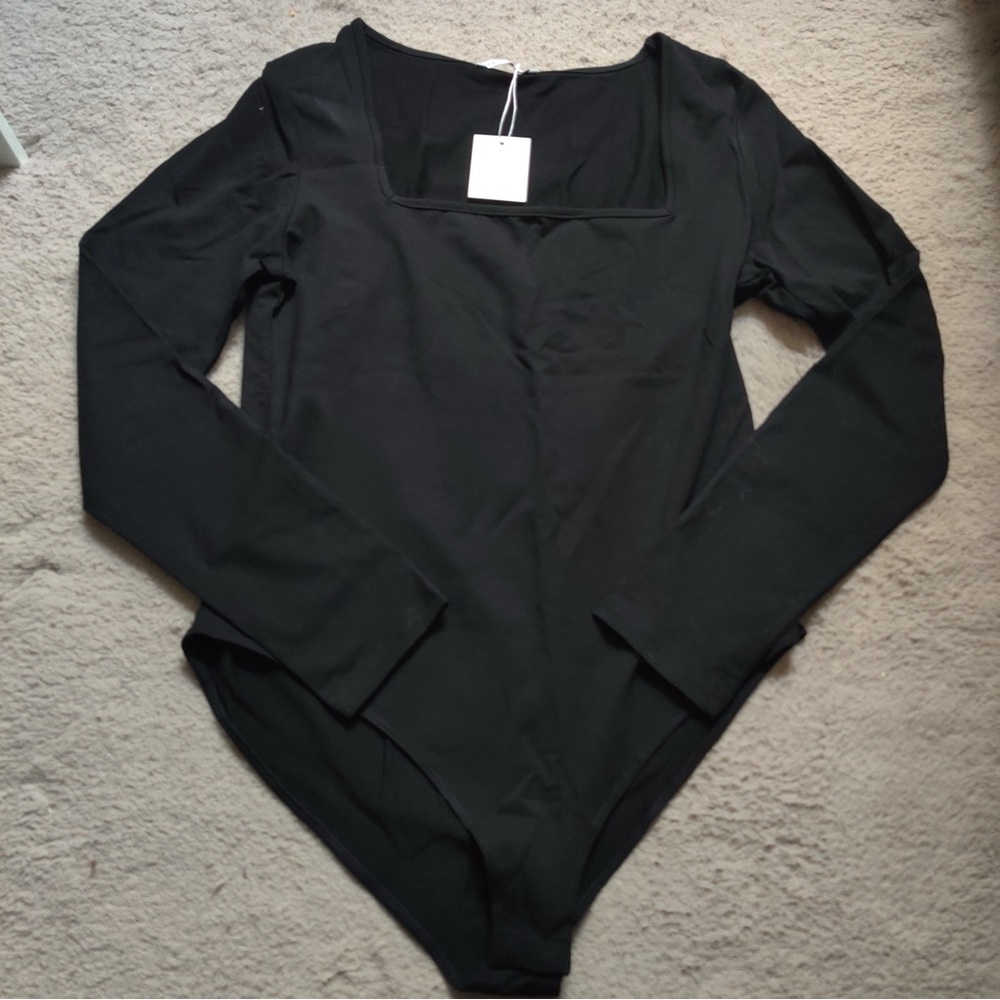 Elegant Black Square Neck Long Sleeve Bodysuit Top Blouse Shirt - Picture 3 of 7
